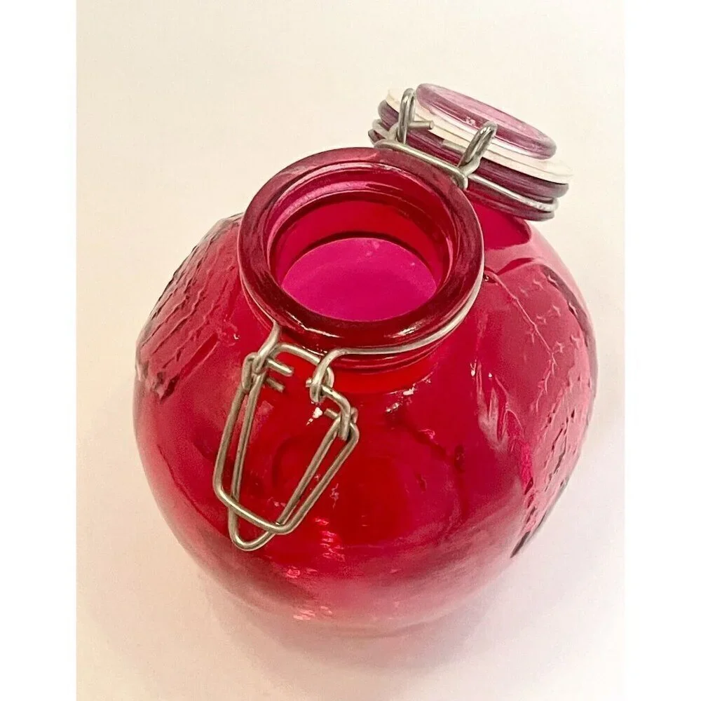 Cherry Red Glass Apple Canister 5.5” Jar with Wire Bail Lid Food Storage Craft